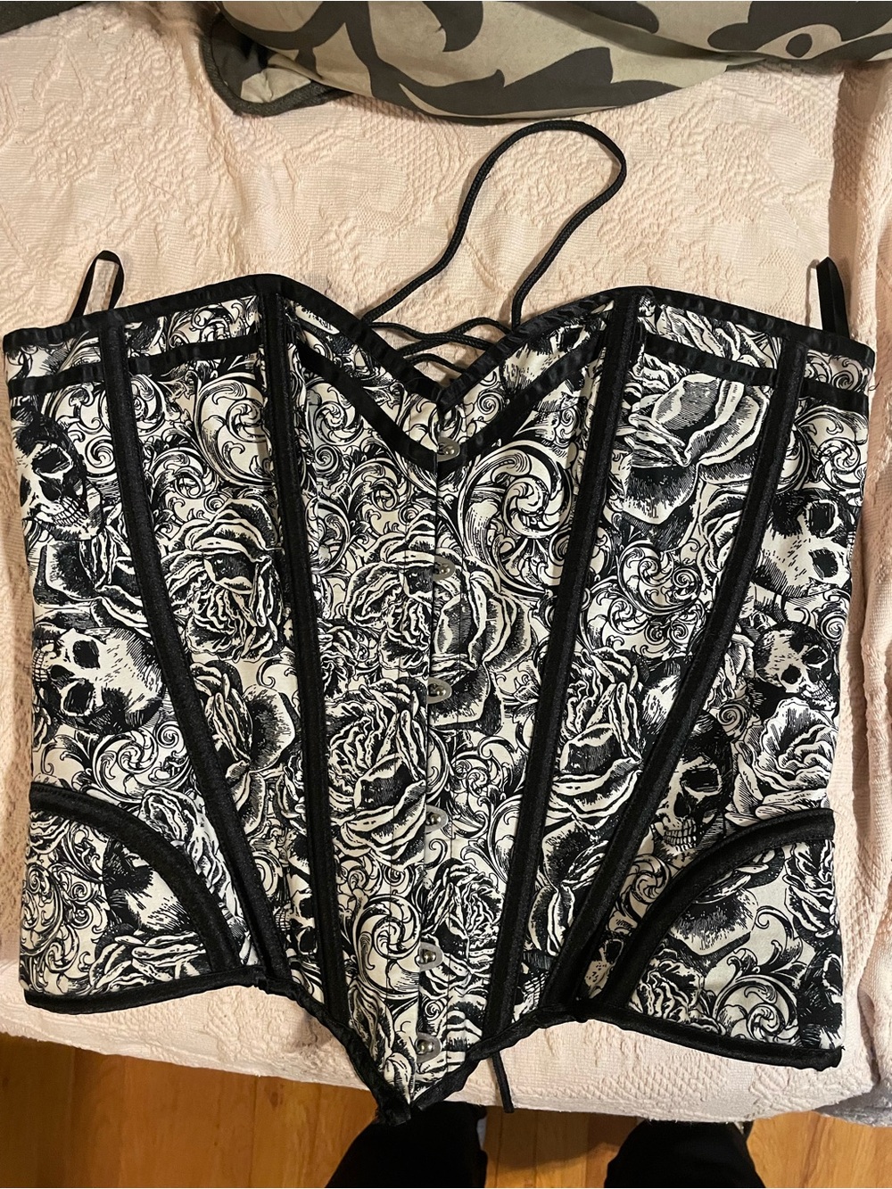 Black & White Floral Skull Corset Bustier Top